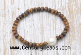 CFB766 faceted rondelle yellow tiger eye & potato white freshwater pearl stretchy bracelet