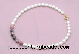 CFN445 9 - 10mm rice white freshwater pearl & rhodonite gemstone necklace