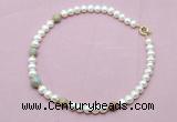 CFN761 9mm - 10mm potato white freshwater pearl & serpentine jasper necklace