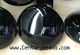 CAA2532 15.5 inches 25mm flat round black agate beads wholesale