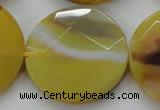 CAA328 15.5 inches 35mm faceted coin yellow line agate beads