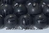 CAA3661 15.5 inches 8mm round matte & carved black agate beads