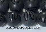 CAA3662 15.5 inches 10mm round matte & carved black agate beads