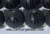 CAA3663 15.5 inches 12mm round matte & carved black agate beads