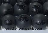 CAA3666 15.5 inches 8mm round matte & carved black agate beads