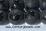 CAA3667 15.5 inches 10mm round matte & carved black agate beads