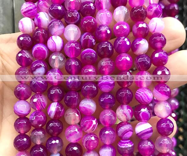 CAA6326 15 inches 8mm faceted round fuchsia banded agate beads