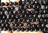 CAA6351 15 inches 8mm faceted round black banded agate beads