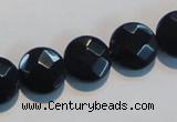 CAB810 15.5 inches 14mm faceted coin black gemstone agate beads