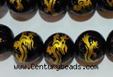 CAG3382 15.5 inches 14mm carved round black agate beads wholesale