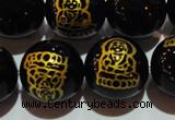 CAG3387 15.5 inches 14mm carved round black agate beads wholesale