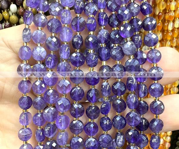 CCB1703 15 inches 6mm faceted coin amethyst gemstone beads