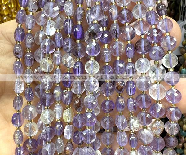 CCB1712 15 inches 6mm faceted coin purple phantom quartz beads