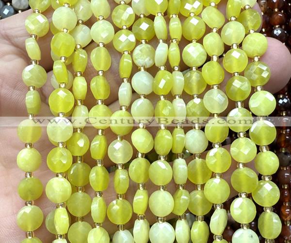 CCB1770 15 inches 6mm faceted coin lemon jade beads