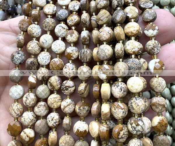 CCB1795 15 inches 6mm faceted coin picture jasper beads
