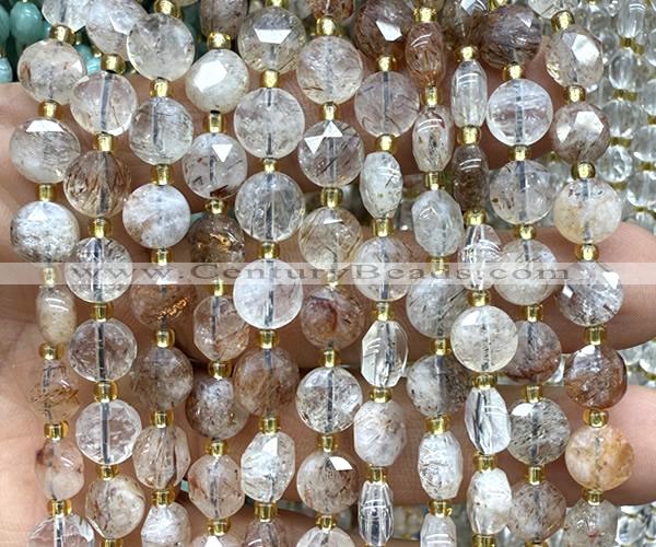 CCB1910 15 inches 8mm faceted coin black gold rutilated quartz beads