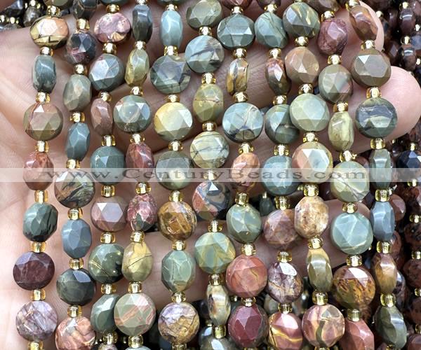 CCB1985 15 inches 8mm faceted coin picasso jasper beads