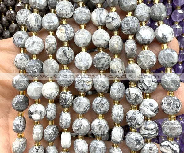 CCB1988 15 inches 8mm faceted coin grey picture jasper beads