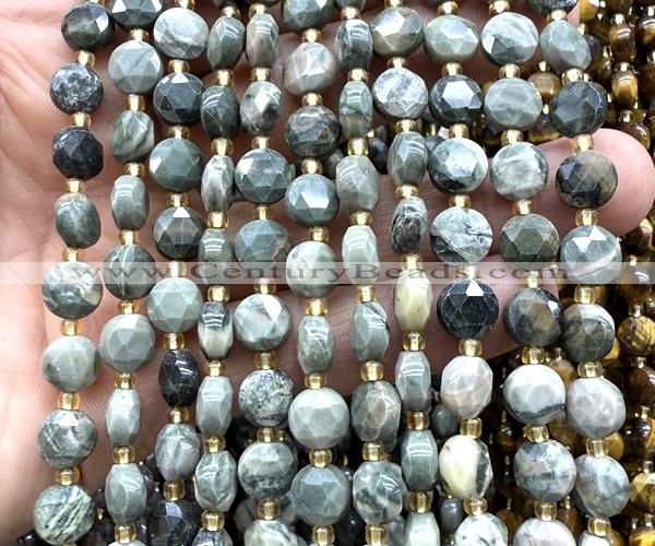 CCB1996 15 inches 8mm faceted coin green wood grain jasper beads