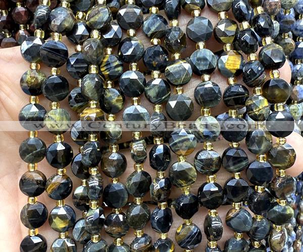CCB2051 15 inches 8mm faceted coin yellow & blue tiger eye beads