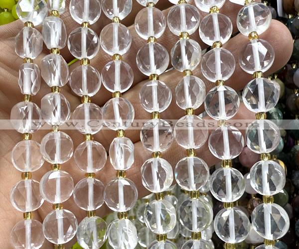 CCB2080 15 inches 10mm faceted coin white crystal beads