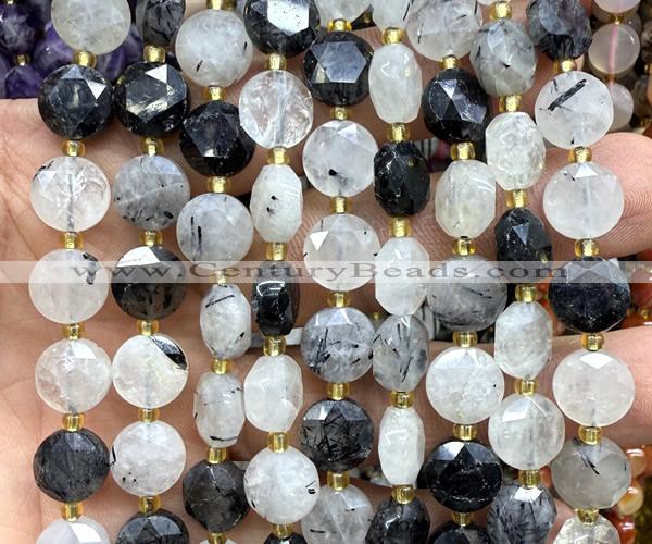 CCB2089 15 inches 10mm faceted coin black rutilated quartz beads