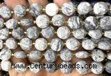 CCB2142 15 inches 10mm faceted coin grey picture jasper beads