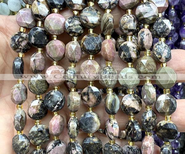 CCB2172 15 inches 10mm faceted coin rhodonite gemstone beads