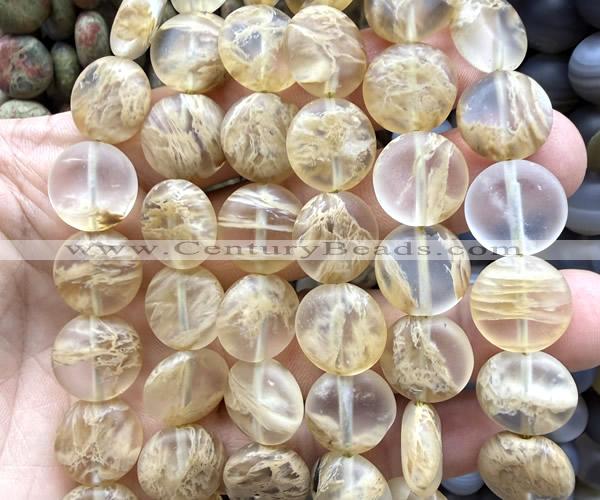 CCB2253 15 inches 15mm flat round matte yellow watermelon beads