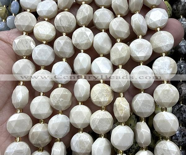 CCB2335 15 inches 12mm faceted coin white fossil jasper beads