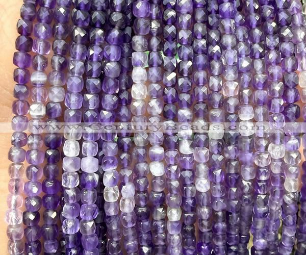 CCU1804 15 inches 4mm faceted cube amethyst gemstone beads