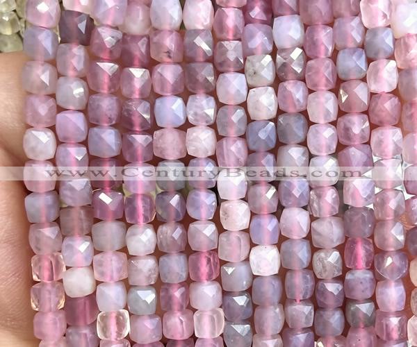 CCU1807 15 inches 4mm faceted cube Madagascar rose quartz beads