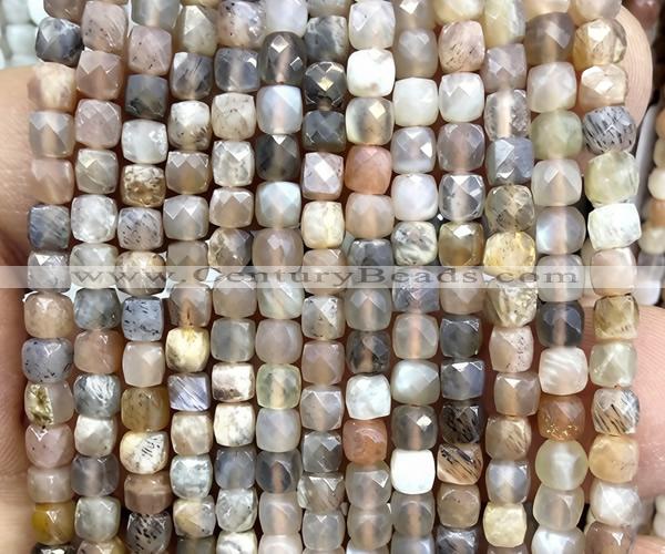 CCU1830 15 inches 4mm faceted cube rainbow moonstone beads