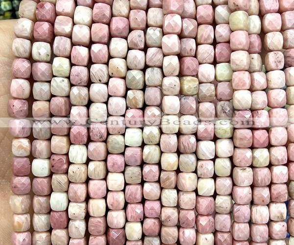 CCU1900 15 inches 4mm faceted cube pink wooden jasper beads