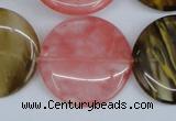 CCY214 15.5 inches 30mm flat round volcano cherry quartz beads