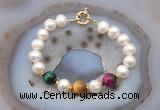CFB1074 Hand-knotted 9mm - 10mm potato white freshwater pearl & colorful tiger eye bracelet