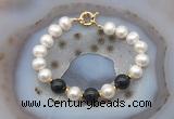 CFB1079 Hand-knotted 9mm - 10mm potato white freshwater pearl & black agate bracelet