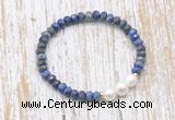 CFB773 faceted rondelle lapis lazuli & potato white freshwater pearl stretchy bracelet