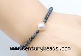CFB829 4mm faceted round snowflake obsidian & potato white freshwater pearl bracelet