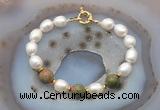 CFB953 Hand-knotted 9mm - 10mm rice white freshwater pearl & unakite bracelet