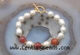 CFB961 Hand-knotted 9mm - 10mm rice white freshwater pearl & fire agate bracelet