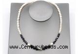 CFN127 potato white freshwater pearl & black banded agate necklace, 16 - 24 inches