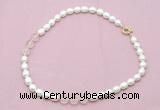 CFN322 9 - 10mm rice white freshwater pearl & rose quartz necklace wholesale