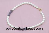 CFN333 9 - 10mm rice white freshwater pearl & dogtooth amethyst necklace wholesale