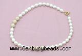 CFN359 9 - 10mm rice white freshwater pearl & white fossil jasper necklace wholesale