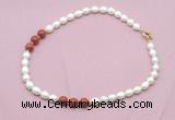 CFN361 9 - 10mm rice white freshwater pearl & red jasper necklace wholesale