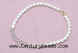 CFN431 9 - 10mm rice white freshwater pearl & white crystal necklace