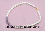 CFN432 9 - 10mm rice white freshwater pearl & amethyst gemstone necklace