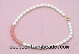 CFN434 9 - 10mm rice white freshwater pearl & cherry quartz necklace