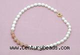 CFN436 9 - 10mm rice white freshwater pearl & moonstone gemstone necklace